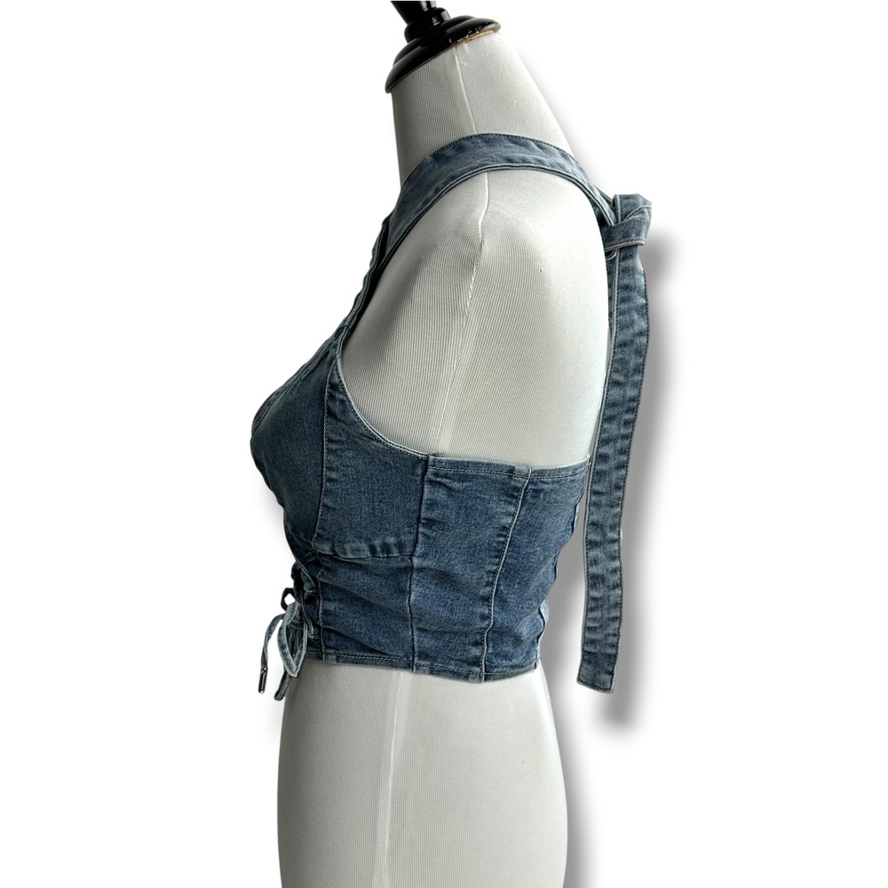 Maniere De Voir Denim Halter Top Womens 8 Blue Criss Cross Cutout Corset Lace Up - Picture 3 of 7
